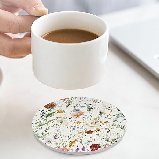 Round-4PCS Floral Drink Coasters, Round Modern Ceramic Absorbent Coasters, Watercolour Colorful Flower Herb Nature Plant Floral Decor Desk Coffee Table Coaster for Beverage Cup Tea Coasters