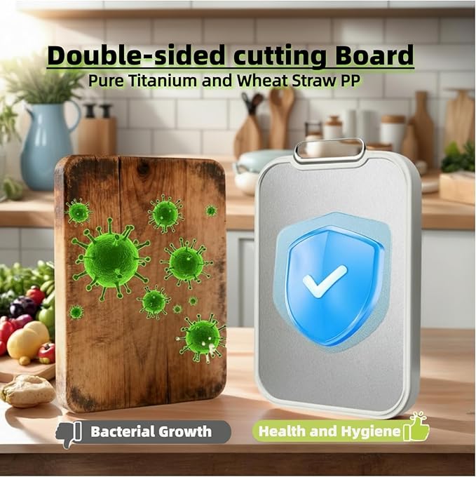Cutting Board for Kitchen, Cutting Boards Non Toxic Double Sided Metal Pure Titanium and Wheat Straw PP Chopping Board Food Grade Easy to Clean Large Size