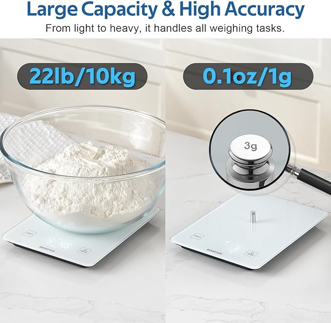 BAKFEE IP67 Waterproof Food Scale with Tempered Glass Surface, 22lb Kitchen Scale 1g Precision, USB Rechargeable, LED Display, Grams and Ounces, for Baking, Cooking, Making Sourdough Bread. White