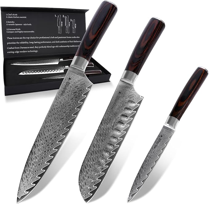 Damascus Knife Set, 3PCS Ultra Sharp Professional Japanese Kitchen Knives with Pakkawood Handles,VG10 Steel Core Chef Knife Set for Gift for Mom Dad-Gift Box