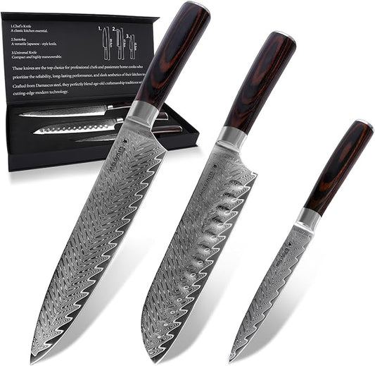 Damascus Knife Set, 3PCS Ultra Sharp Professional Japanese Kitchen Knives with Pakkawood Handles,VG10 Steel Core Chef Knife Set for Gift for Mom Dad-Gift Box
