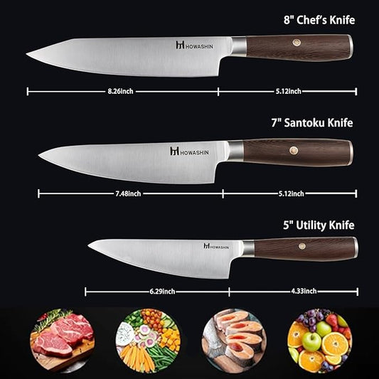 3PCS Chef Knife Set, Japanese Kitchen Knife, Sharp High Carbon Stainless Steel Forged Blade Professional Kitchen Knives Set with Ergonomic Handle Knives Set for kitchen with Gift Box