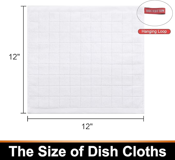 Mordimy 100% Cotton Terry Cloth Dish Cloths, Soft and Absorbent Checkered Dish Towels, Quick Drying Dish Rags for Washing Dishes, 12 Pack, 12 x 12 Inches, White