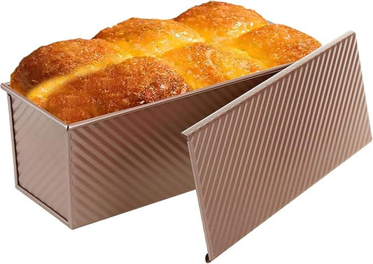 AVSQUINE Non-Stick Pullman Loaf Pan with Lid 13x4 Inch - 2.2lb Carbon Steel Bread Baking Pan with 4 Vent Holes, Heavy Duty Sourdough Loaf Pan with Cover for Homemade Sandwich Bread (Gold)