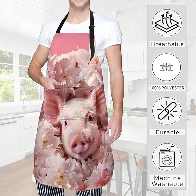 Floral Pig Apron Cute Piglet with Pink Blossoms Aprons Waterproof Oxford Polyester Adjustable Pockets Design for Cooking, Crafting, Garden Decor, Gifts for Nature Lovers, 28x33 Inch