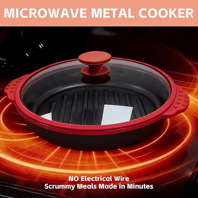 Microwave Grill Pan With Cover, Microwave Bacon Cooker, Portable Microwave Cookware For Grill Meat, Sandwich & Vegetable Dishwasher Safe (Round-Red-Glass Lid)