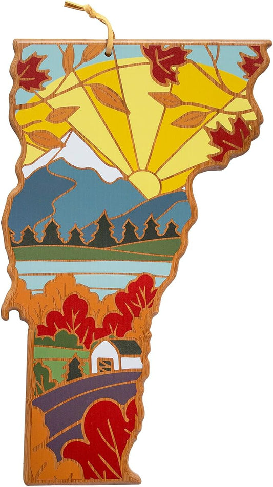 Totally Bamboo Vermont State Shaped Cutting Board and Charcuterie Serving Platter with Artwork by Summer Stokes, Includes Hang Tie for Wall Display