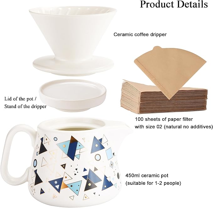 Polydremio Pour Over Coffee Maker, Ceramic Coffee dripper with 100 pcs V60 Paper Filter, Ceramic coffee Server with Lid, 15.5oz/450 ml, Suitable for 1-2 people (White A)