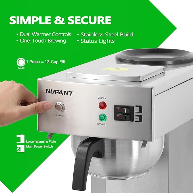 NUPANT 12-Cup Commercial Coffee Maker with Water Line 1.8L Auto-Filling Drip Coffee Maker Machine with 2 Glass Carafes and 2 Warmers Stainless Steel Pour over Coffee Brewer for Restaurant Office cafe
