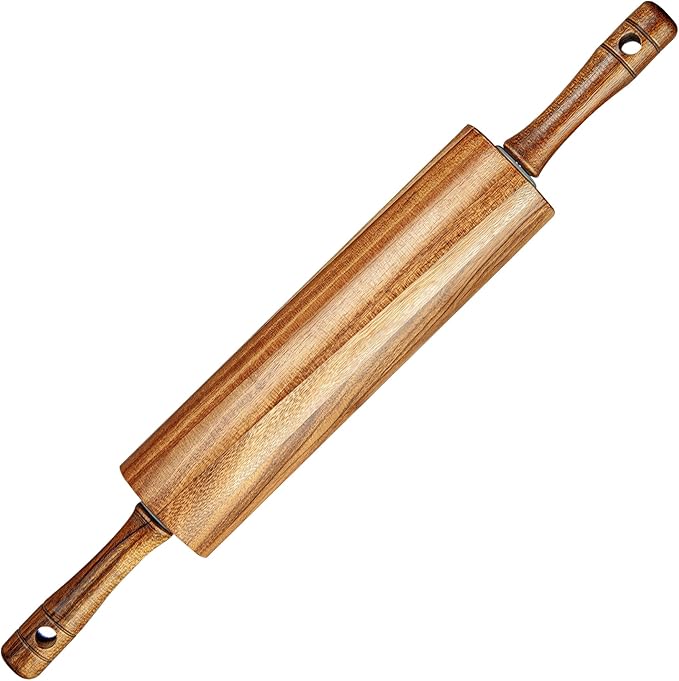 KARRYOUNG Acacia Wood Rolling Pin for Baking, Kitchen Dough Roller With Handles, Rodillo Para Masa, Rolling Pin for Dough, Pizza,Bread, Fondant & Tortilla