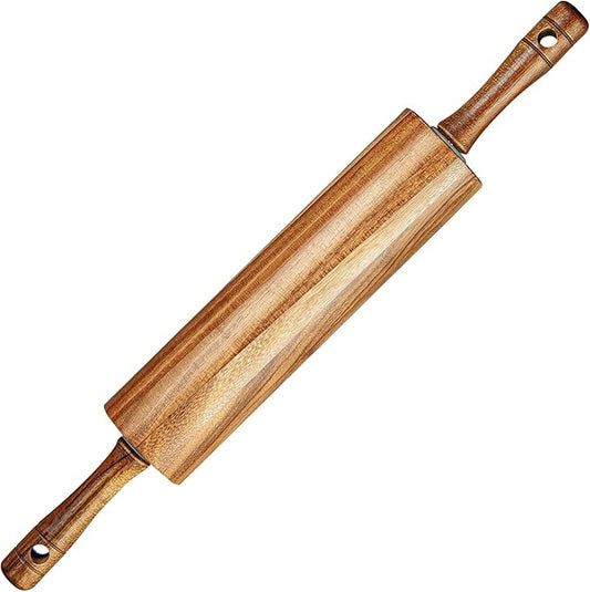 KARRYOUNG Acacia Wood Rolling Pin for Baking, Kitchen Dough Roller With Handles, Rodillo Para Masa, Rolling Pin for Dough, Pizza,Bread, Fondant & Tortilla