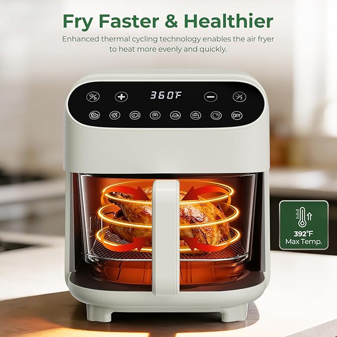 Havato 5 Quart Glass Air Fryer, Non-Toxic High Borosilicate Glass Basket with No Coating, Air Fryer Oven with 8 Preset Modes, PTFE/PFAS Free, Visible Window, Dishwasher Safe, White