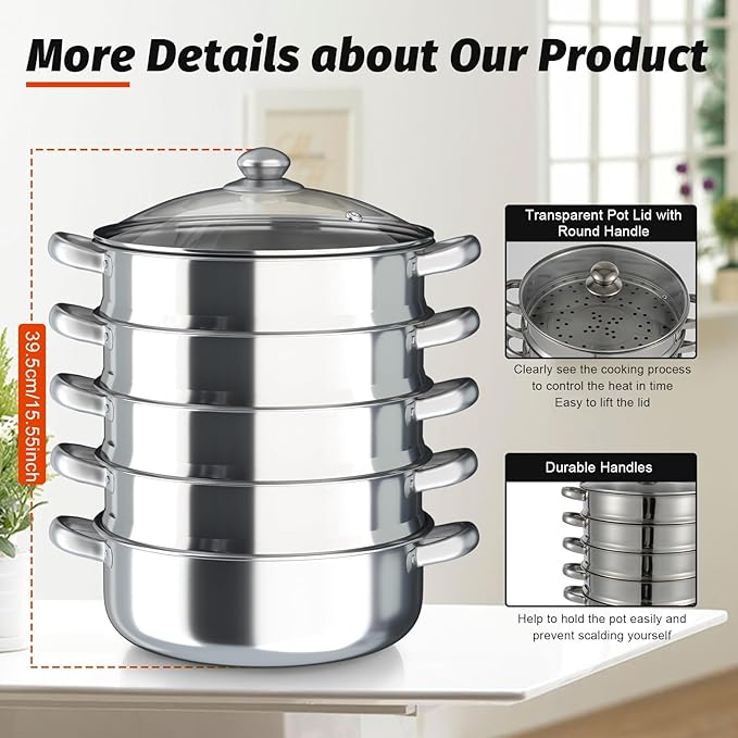 5 Tier Stainless Steel Steamer Cookware Pot with Glass Lid - 26/28/30cm for Home & Restaurant