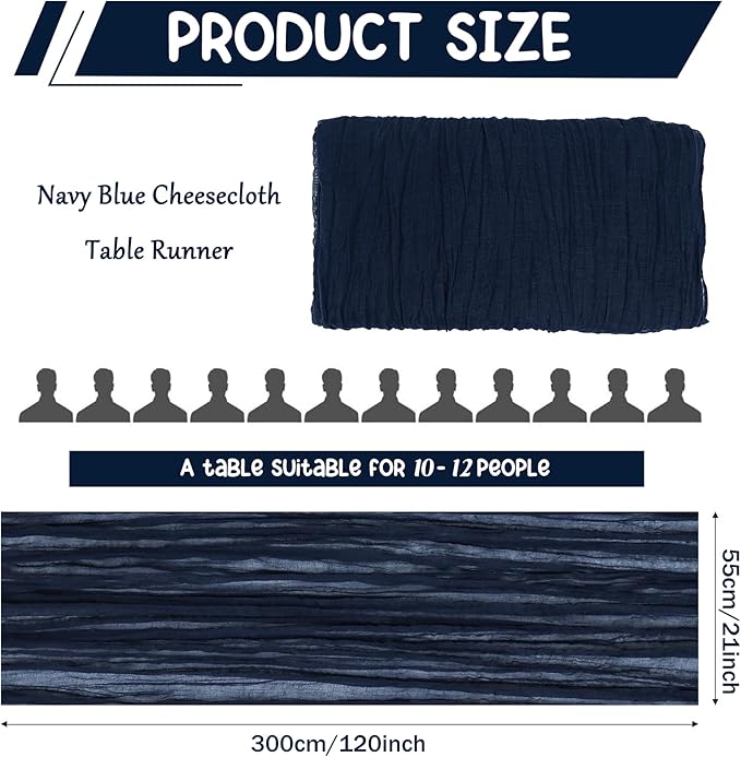 10 Pack Navy Blue Cheesecloth Table Runner 10FT Boho Gauze Fabric Table Runner Vintage Rustic Sheer Runners for Wedding Party Bridal Baby Shower Long Table Decorations