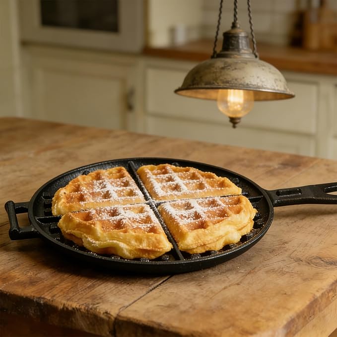 Cast Iron Waffle Cookware Two Piece Hinged Non Electric Waffle Iron for Stovetop or Grill Makes 8" Round Waffles Design Waffle Pan