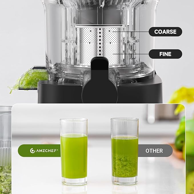 AMZCHEF Cold Press Juicer, Juicers Machines - Wide Mouth & Large Feed Chute for Whole Fruits & Vegetables, Stainless Steel Slow Masticating Juice Easy to Clean, Large Auger, Double Strainers