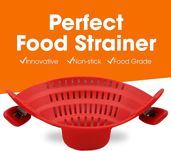 Cheer Collection Silicone Clip on Pot Strainer, Heat-resistant Snap-On Strainer for Pasta, Noodles, Rice, Meats and Vegetables, Red