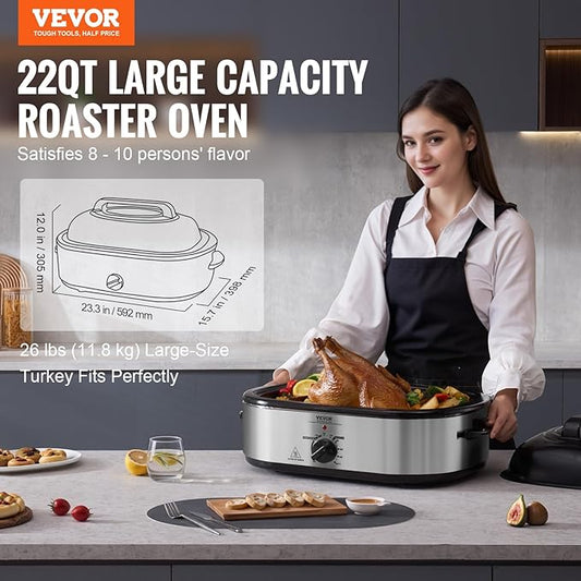 VEVOR Electric Roaster Oven, 22 QT Turkey Roaster with Self-Basting Lid, 1450W Roaster with Defrost & Warm Function, Adjustable Temp, Removable Pan & Rack, Fits Turkeys Up to 26LBS, Silver