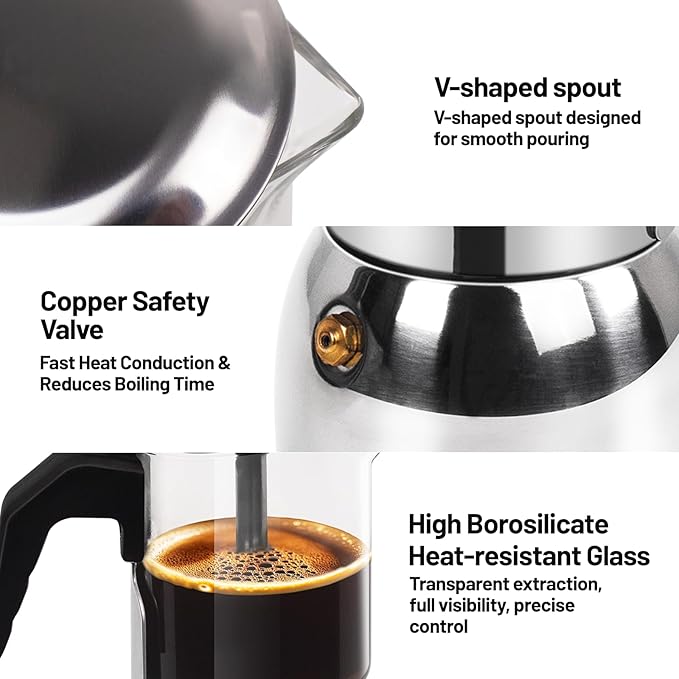 Vaolvpant 6 Cup Glass Clear Moka Pot Thickened 304 Stainless Steel Stovetop Espresso Maker Italian Coffee Machine 300ml 10.6oz Classic Mocha Cafe Greca Coffee Suitable for Gas Induction