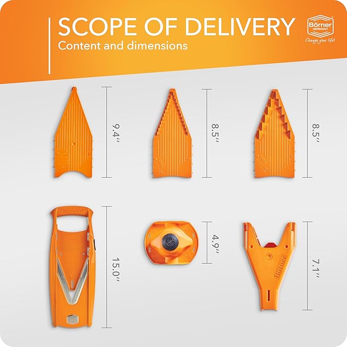 Börner Mandoline Slicer V5 (Starter Set) • Vegetable V-Slicer for Slices, Sticks & Dices in Various Sizes • With Stainless Steel V-Blade • Adjustable Kitchen Slicer • Color: Orange