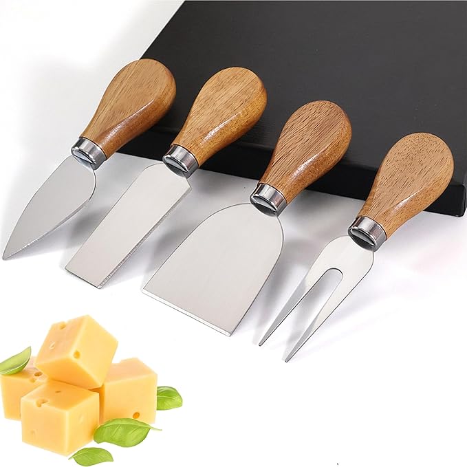 4 Piece Cheese Knife Set,Cheese Knives Wood Handle Stainless Steel Slicer Spreading Cheese Knife Gift Set for Charcuterie anCheese spread, Perfect for Cheese Slicer and Butter Cutter