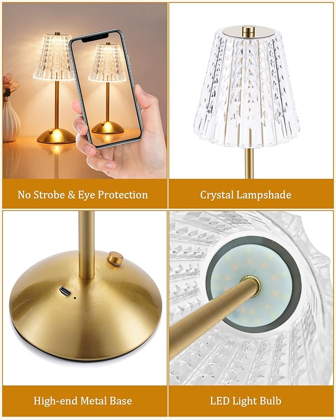 Cordless Touch Table Lamp, LED Rechargeable Small Dask Lamp, 3 Colors Dimmable Battery Operated Crysta Lamp for Bedroom Restaurant Kitchen Home Decor, Gold, 2pcs