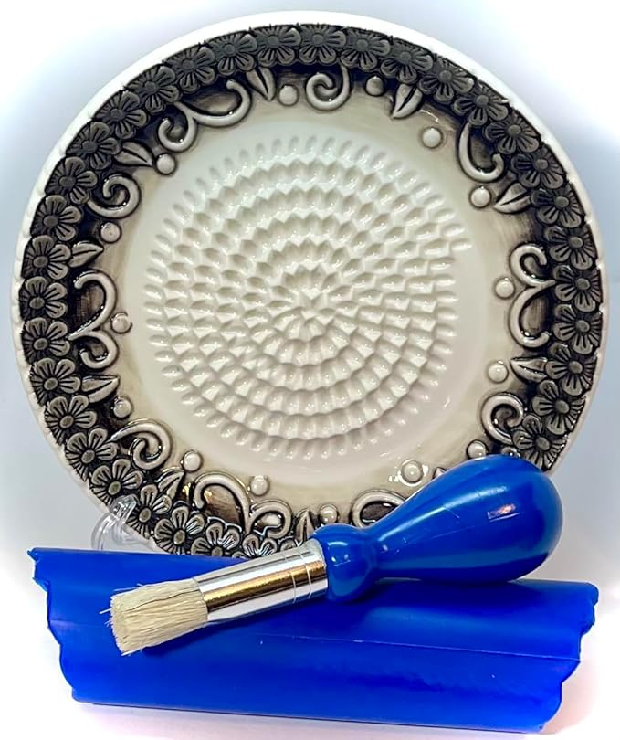 All-in-one Premium Ceramic Garlic Grater Plate 4-Piece Set - Black Embossed Design and Style - For Garlic, Ginger, Chocolate, and more! - Comes with 5.25" Plate, Peeler, Brush, and Stand