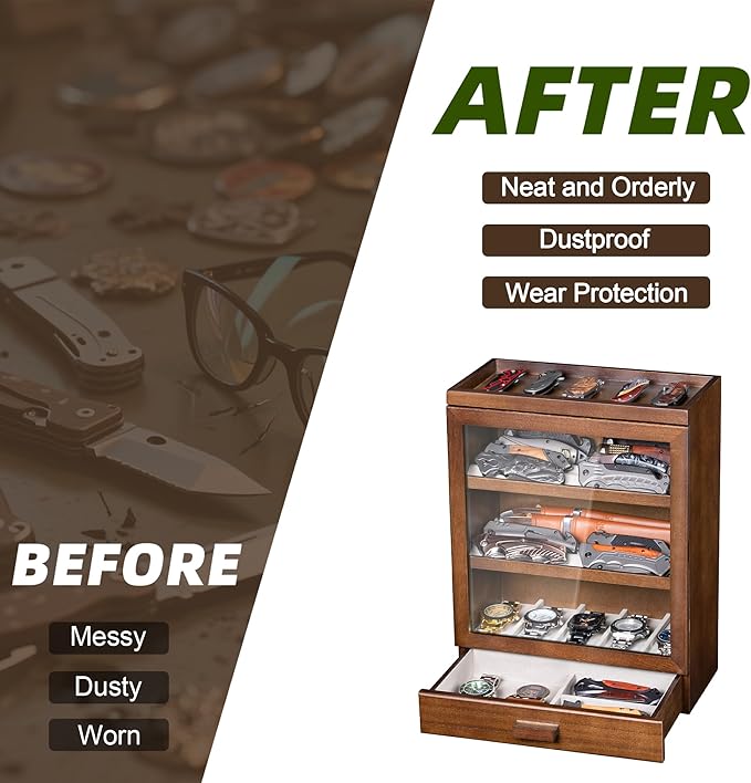 Singlispark Pocket Knife Display Case for 25 Knives, Large Wooden knife Cases for Collections, Vertical Knife Storage Case with Acrylic transparent panel for Men Gifts (Walnut)