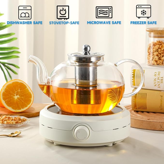 50OZ/1500ML Glass Teapot Set with 4 Teacups & Removable Stainless Steel Infuser, Stovetop & Microwave Safe Clear Tea Maker Water Kettle with 12OZ/360ML Tea Cups for Loose Leaf Blooming Tea