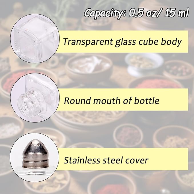 100 Pcs Mini Salt and Pepper Shakers 0.5 Oz, Small Bulk Cube Glass Spice Shaker Container Tiny Glass Seasoning Jars with Stainless Steel Lid for Travel Home Camp Restaurant Party Supplies, 2 Styles