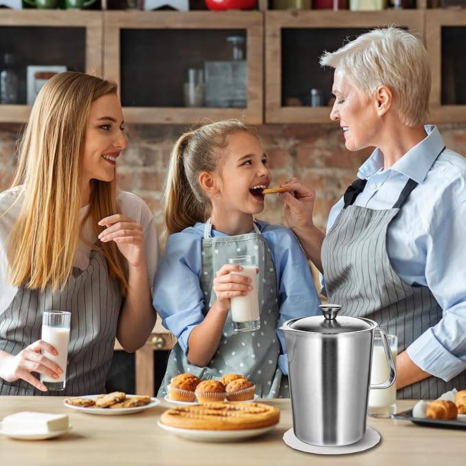 Large Stainless Steel Pitcher with Lid, 8.5 Cup Milk Frothing Jug with Handle，70 oz Metal Measuring Cup，2 L Water Pitcher for Espresso Machines, Latte Art, Iced Tea, Hot and Cold Water (70 oz, A)