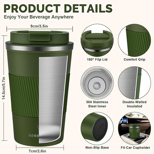 MOMSIV 12oz Travel Mug, Insulated Coffee Cup with Leakproof Lid, Vacuum Stainless Steel Double Walled Reusable Tumbler for Hot and Cold Water Coffee and Tea In Travel and Car Armygreen 380ML