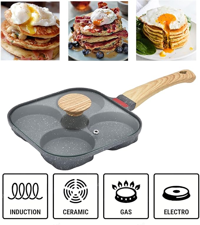 MIHUNTER 4-Cup Aluminum Nonstick Egg Pan with Lid, Suitable for Gas Stove & Induction Cookware