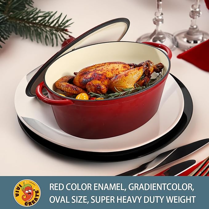 Vivicreate 9.6 QT enamel cast iron dutch oven, red gradient color,cast iron pot (9.6 QT)