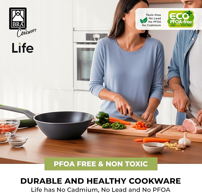BRA COOKWARE Life Ceramic Nonstick Wok | 11 Inch 6.6 Quart Recycled Aluminum Stir-Fry Skillet | Ceramic Nonstick Deep Fry Pan | PFOA Free Asian Cooking Skillet | All Cooktops Flat Bottom Wok
