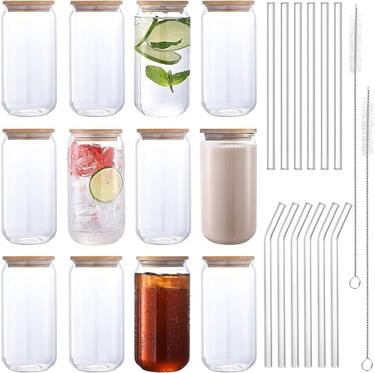 Glass Cups with Lids and Straws Set of 12, 16 oz Glasses Drinking Set, Glass Cups, Iced Coffee Glasses for Beer, Cocktail, Whiskey, Smoothies