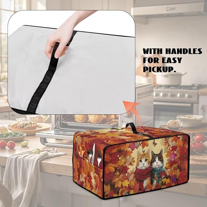 Doojoayie Cute Cat Toaster Cover 8 Slice Dust-Proof Toaster Oven Cover Stain Resistant Bread Machine Covers with Autumn Leaf Print Thanksgiving Home Kitchen Decoration