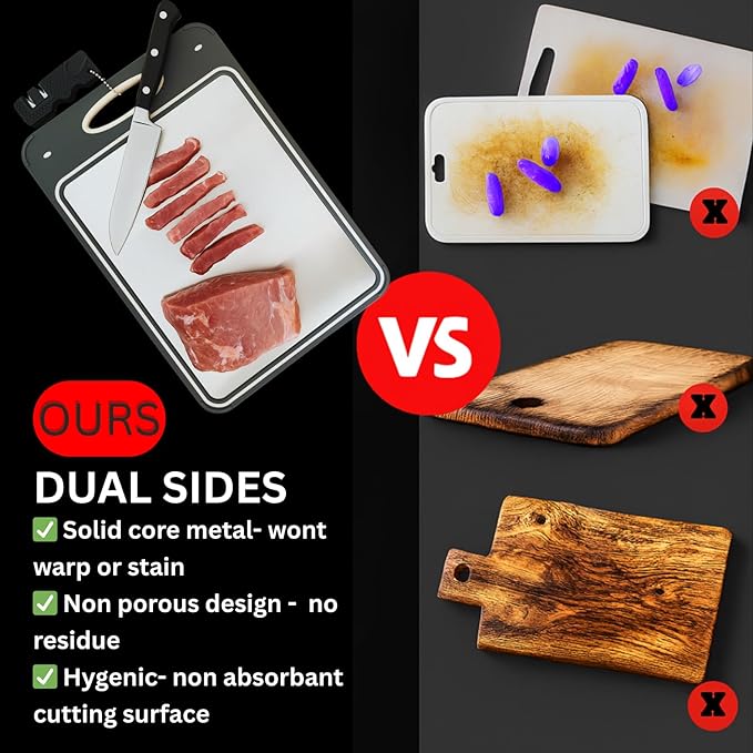Titanium Cutting Board for Kitchen with Knife Sharpner, Stainless Steel Large Size 14’’×9.6’’ Double Sided Food Grade, Pure Titanium and Wheat Straw PP, Easy to Clean, Anti Slip
