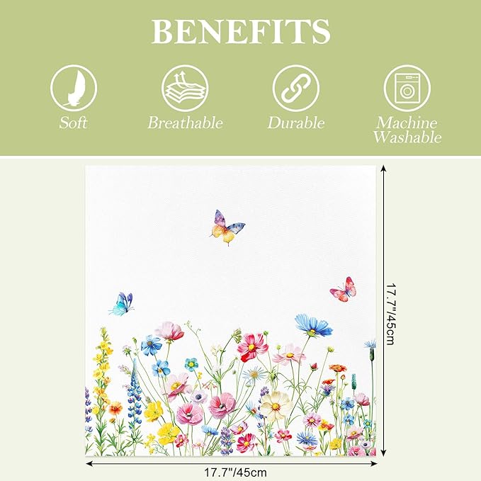 Wildflowers Floral Butterfly Print Cloth Napkins 100% Cotton, 18" X 18" Dinner Napkins Cloth Set, Washable Napkins for Home, Kitchen, Dinner, Party, Wedding, Cocktail, Set of 4