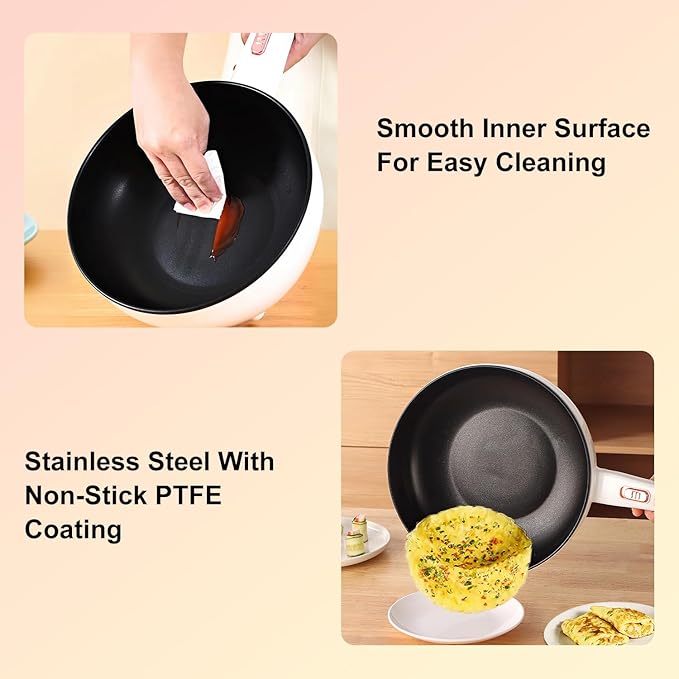 iMounTEK Electric Hot Pot Non-Stick Frying Pan Portable Rapid Noodles Cooker with Long Handle Steamer Spatula Dual Power Control Overheat Dry-Boil Protection for College Dorm Room Essential for Party