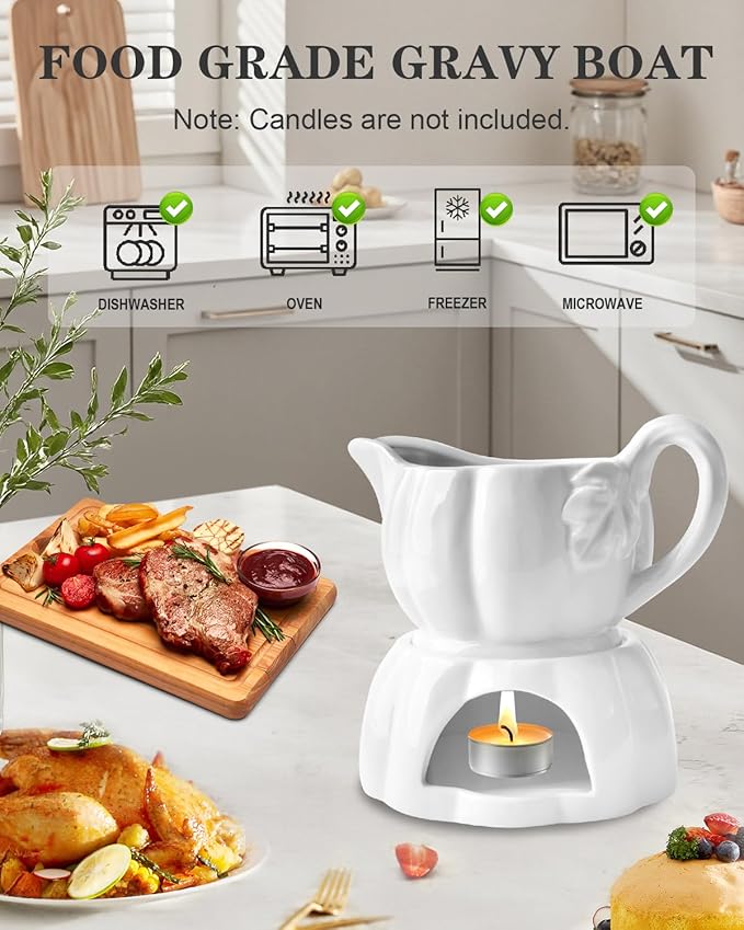 Gravy Boat with Warmer – 18 Oz Dripless Gravy Bowl with Handle & Spout – Microwave, Freezer & Dishwasher Safe Sauce Server for Thanksgiving, Christmas, Holiday Meals, and Everyday Use