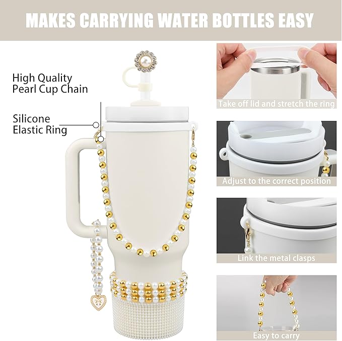 Cup Accessories for Stanley 30/40oz Tumbler containing Pearl Straw Cover Topper, Silicone Cup Boot, Water Bottle Handle Strap& Pearl Bracelets Charms(Pearls with Gold Beads)