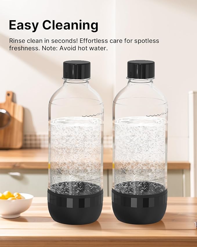 Soda Maker Bottles, BPA-Free Reusable Soda Bottles (2-Pack), 1L Leakproof Carbonated Water Bottles with Secure Seal, Compatible with Most Soda Makers Black