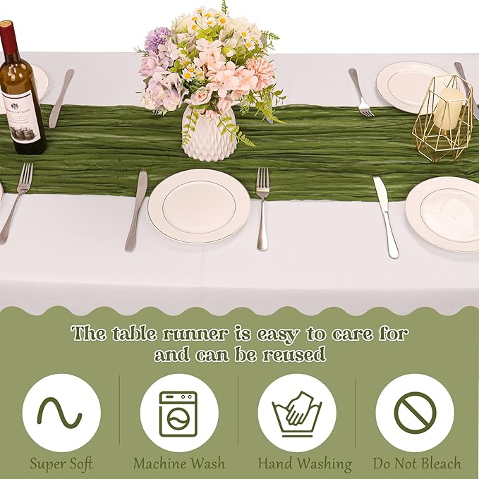 10 Pack Olive Green Cheesecloth Table Runner 10FT Boho Gauze Fabric Table Runner Vintage Rustic Sheer Runners for Wedding Party Bridal Baby Shower Long Table Decorations