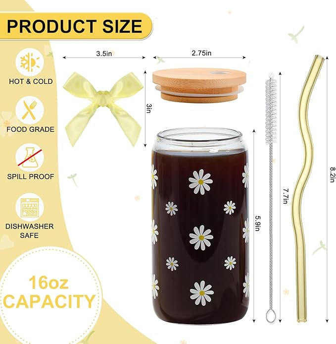 Cute Glass Cups with Lids and Straws, Teen Girl Birthday Gifts Daisy Iced Coffee Cup, Yellow Aesthetic Mug Tumbler for Birthday Mothers Day Christmas Valentines Coffee Lover 16oz