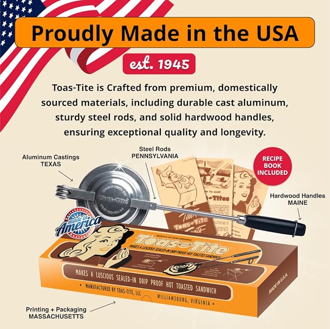 Handheld Sandwich Maker, Classic Sandwich Grill & Panini Press, Cast Aluminum Pie Iron, Retro 1945 Stovetop & Campfire Toaster for Hot Sandwiches, Pies, Paninis, RV & Camping