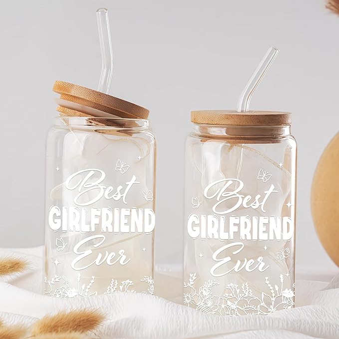 Gifts for Girlfriend 16 Oz Coffee Glass Cup with Lid and Straw & Brush Romantic Love Drinking Glasses Girlfriend Gift for Her Women Lover Valentines Day Anniversary Birthday Christmas