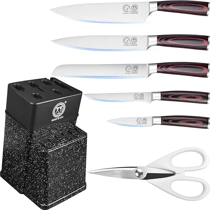 XYJ Professional Knife Set With Block, Scissors, Kitchen Knife Block Set, Stainless Steel Japanese Paring Boning Slicing Bread Chef Knives Set, Wood Handle