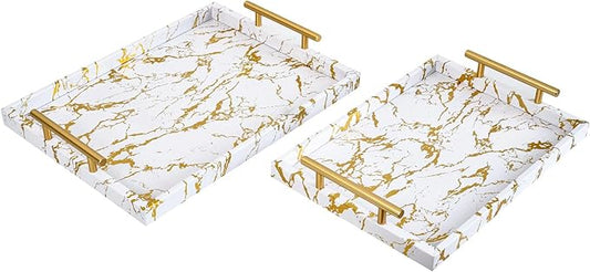 Modern Decorative Tray Set of 2 - White and Gold Marble Wood Serving Tray with Gold Polished Metal Handles for Ottoman, Coffee Table, Bathroom and More
