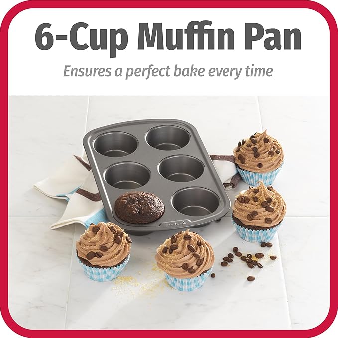 GoodCook Everyday Nonstick Steel Muffin Pan, 6 cup, Gray